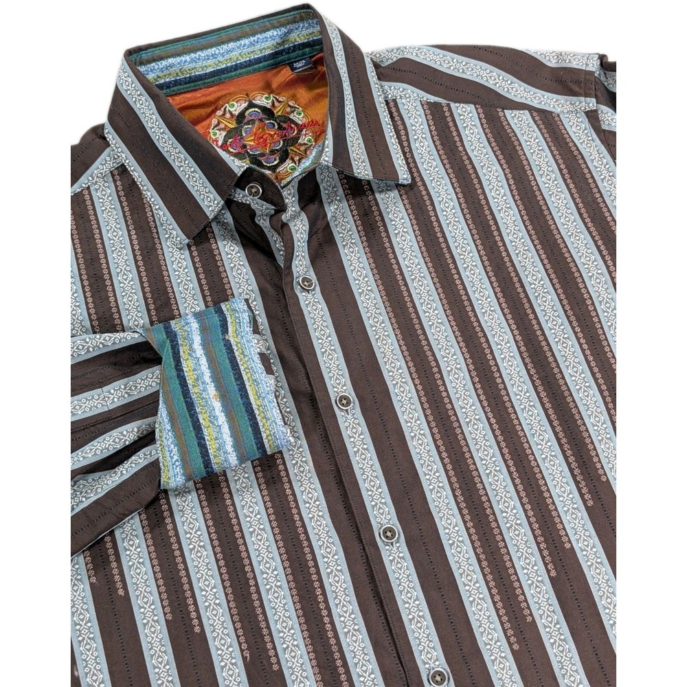 Robert Graham Shirt Men Medium Blue Brown Geometric Stripe Silk Trim Flip Cuff